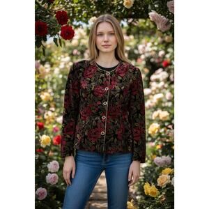 Vintage R&K Evening Missy 18 Black Velvet Red Roses Floral All Over Prints Coat